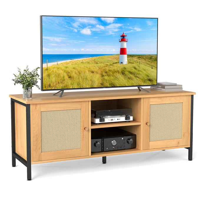 Boho TV Stand Media Console Table with 2 Cabinets and Open Shelf