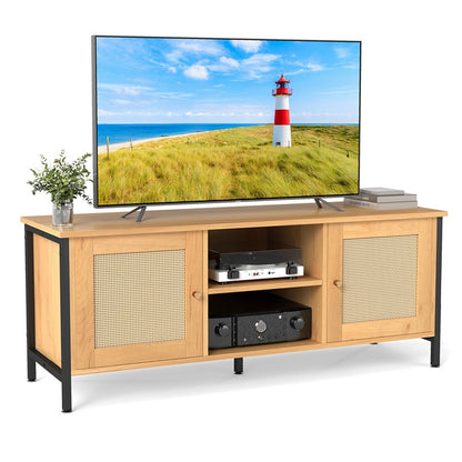 Boho TV Stand Media Console Table with 2 Cabinets and Open Shelf