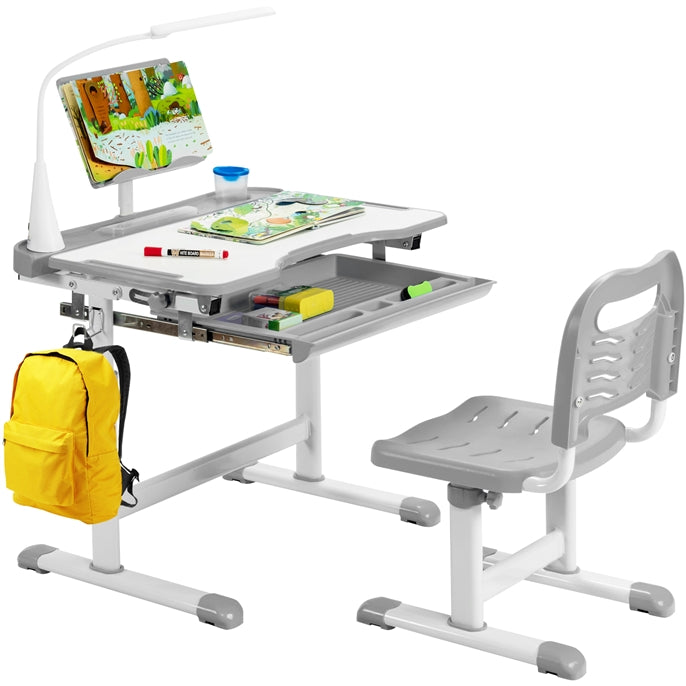 Kids Desk and Chair Set, Height Adjustable Student Study Table with Drawable & Tilted Desktop