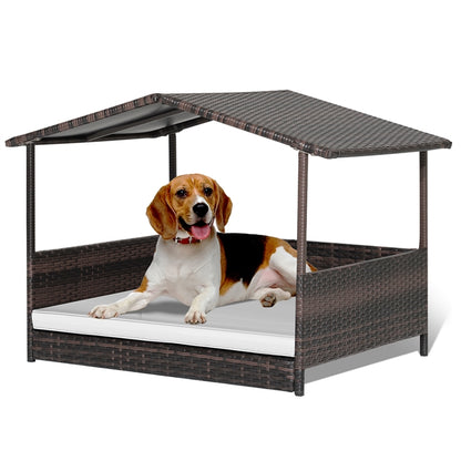 Wicker Dog House with Roof and Removable Cushion for Living Room Yard
