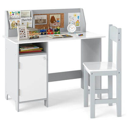 Kids Desk and Chair Set, Wooden Children Study Table with Storage Cabinet, Cork Board