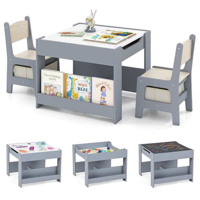 4 in 1 Kids Table and Chairs Set with Reversible Tabletop and Bookshelves