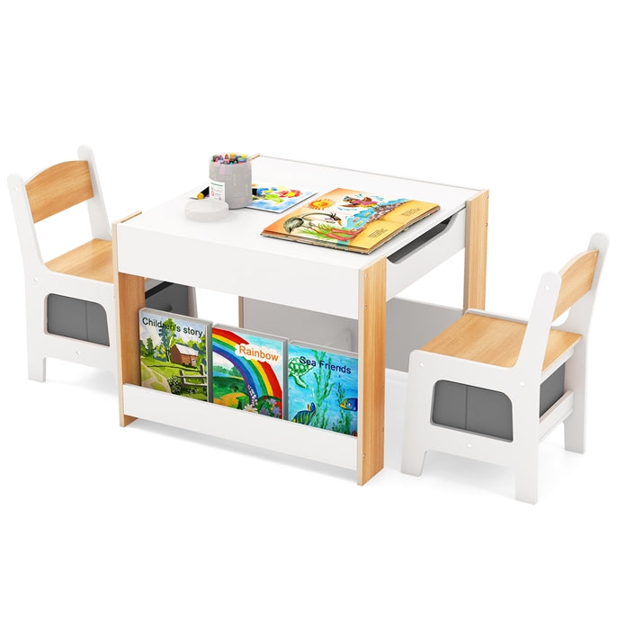 4 in 1 Kids Table and Chairs Set with Reversible Tabletop and Bookshelves