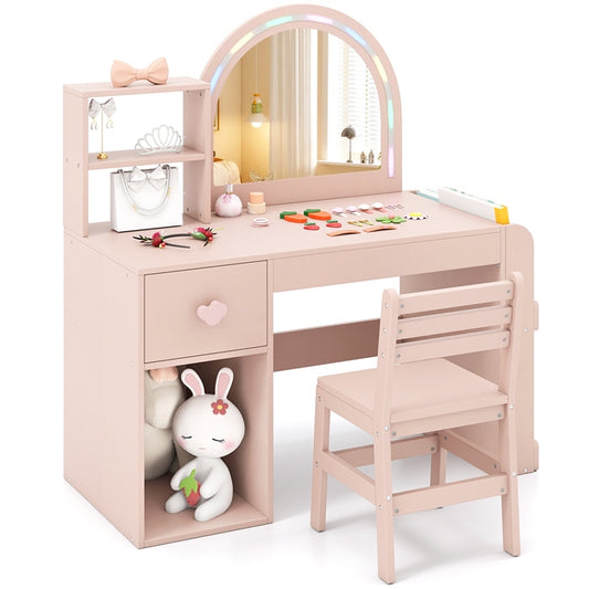 Kids Vanity Table and Chair Set with Lighted Mirror Open Storage Shelves