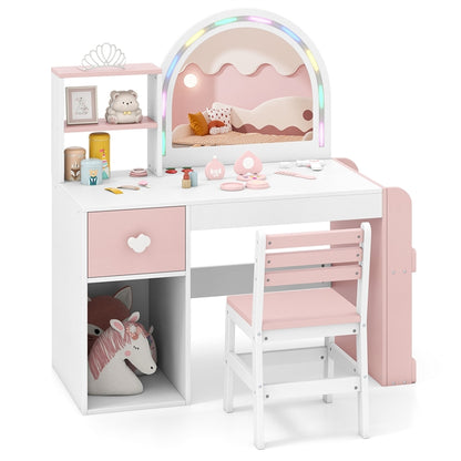 Kids Vanity Table and Chair Set with Lighted Mirror Open Storage Shelves