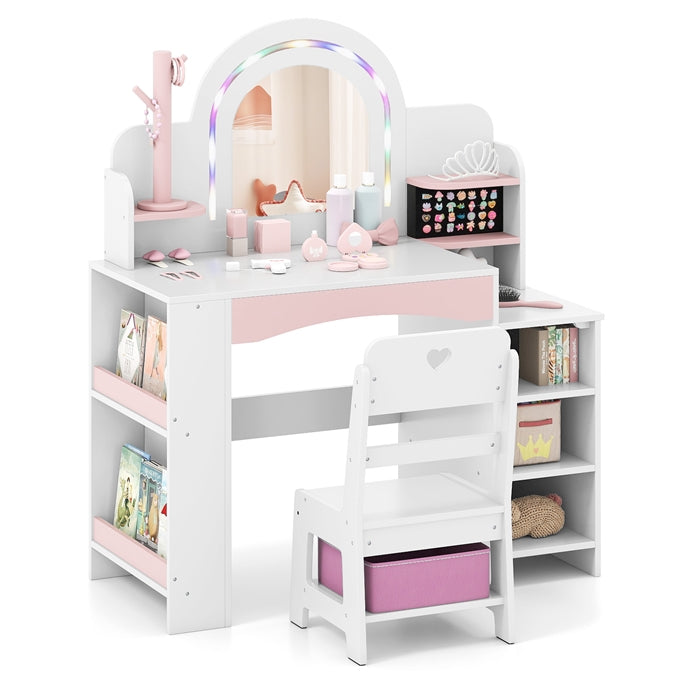 Kids Vanity Desk with Mirror and Open Storage Shelves