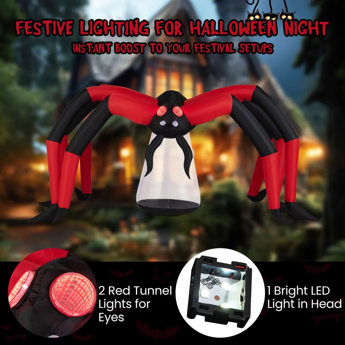 Halloween Inflatable Spider Blow Up Yard Scary Spider with Red Tunnel Light Eyes
