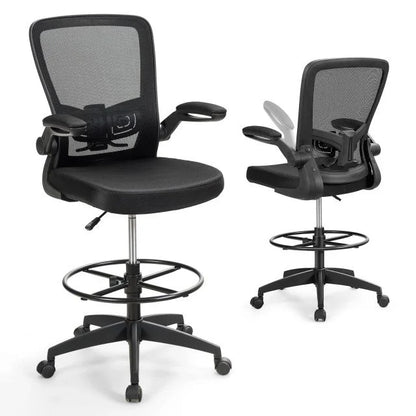 Mesh Drafting Chair, Height Adjustable Swivel Office Chair with Flip-up Armrests, Footrest and Lumbar Support