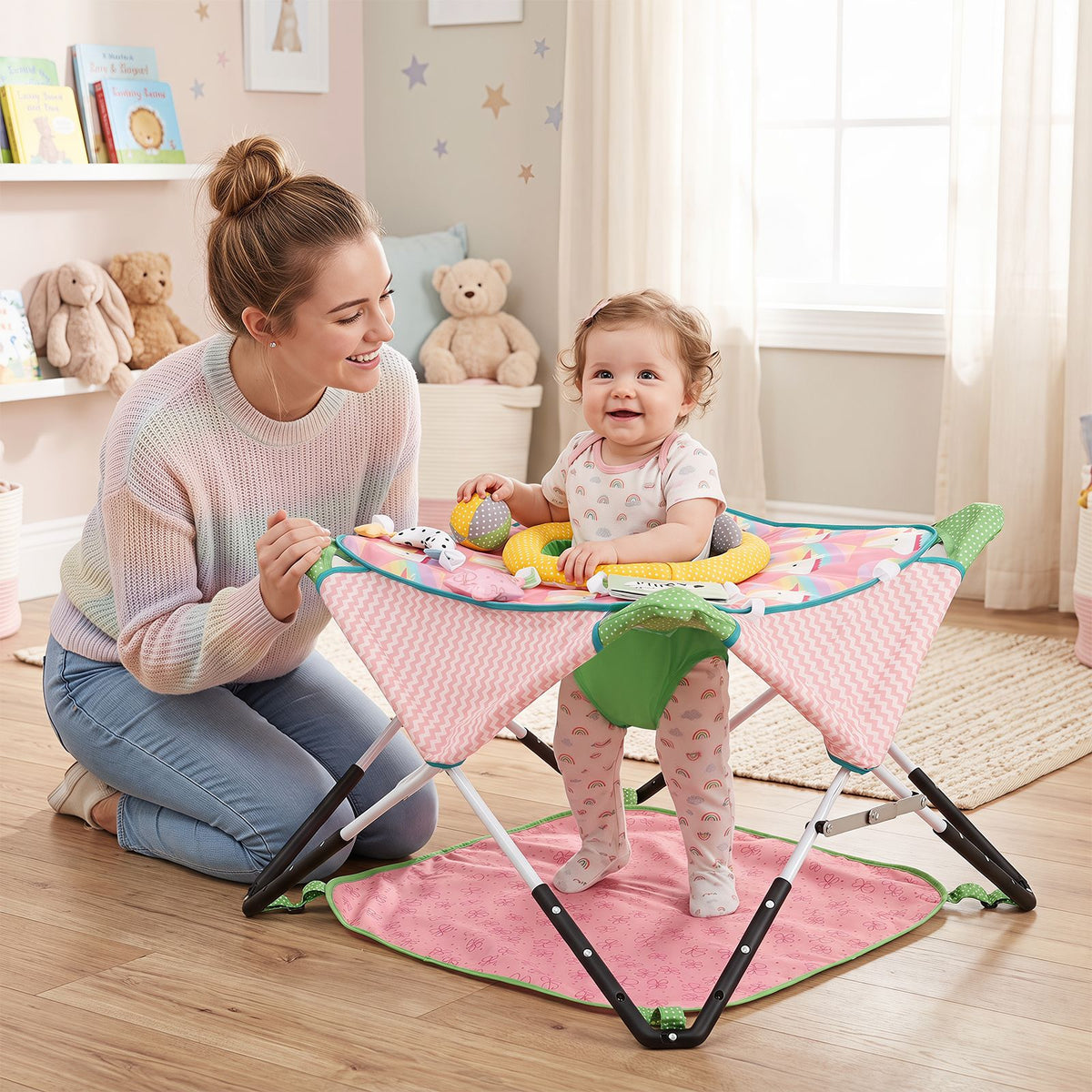 Indoor/Outdoor Infant Activity Center with Interactive Toys and 3 Adjustable Heights for 6+ Months