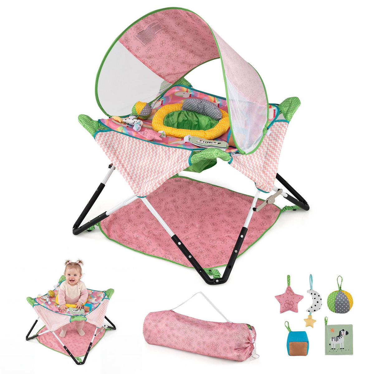 Indoor/Outdoor Infant Activity Center with Interactive Toys and 3 Adjustable Heights for 6+ Months