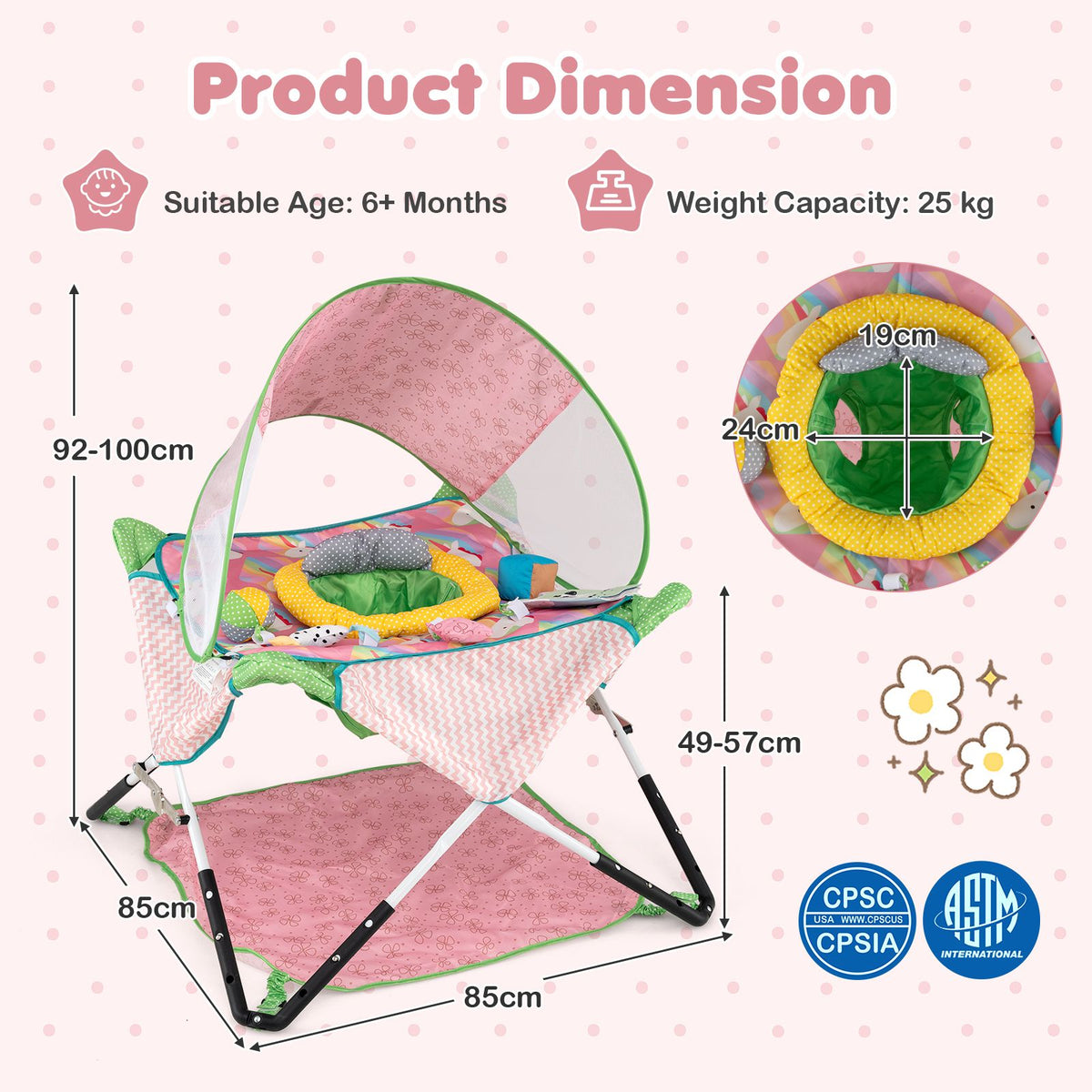 Indoor/Outdoor Infant Activity Center with Interactive Toys and 3 Adjustable Heights for 6+ Months
