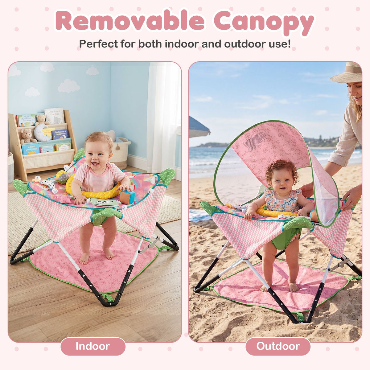 Indoor/Outdoor Infant Activity Center with Interactive Toys and 3 Adjustable Heights for 6+ Months