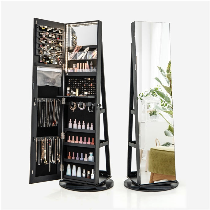360 Degree Mirrored Jewelry Armoire with 3 Color Auto on LED Lights