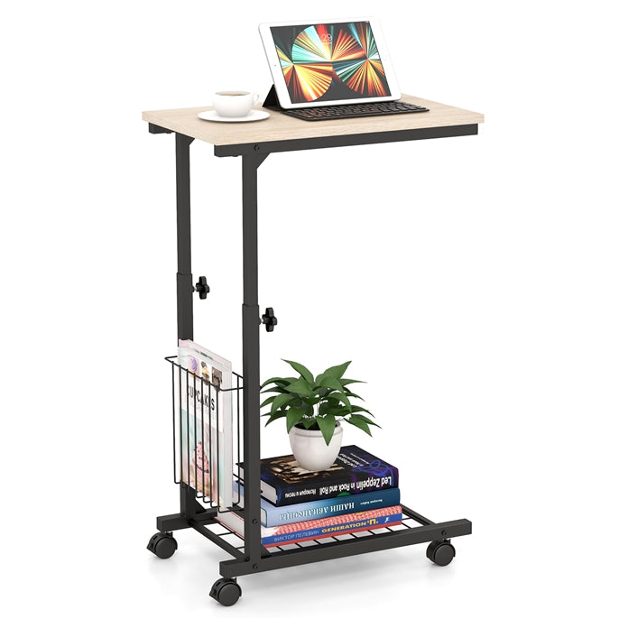 C-shape Adjustable End Table with Storage Basket