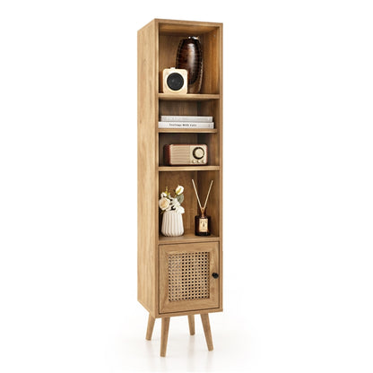 Freestanding Slim Cabinet with Rattan Door and Solid Wood Legs