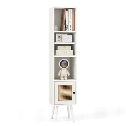 Freestanding Slim Cabinet with Rattan Door and Solid Wood Legs