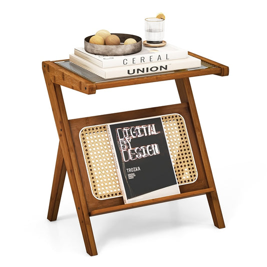 Bamboo Accent Bedside Table with Tempered Glass Top