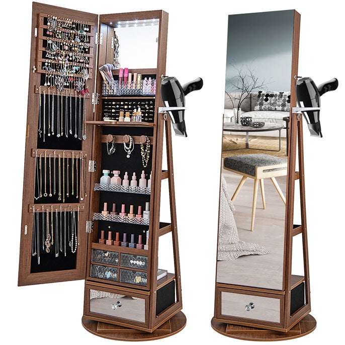 360° Swivel Lockable Jewelry Armoire Cabinet with Full-Length Mirror