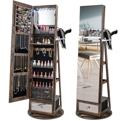 360° Swivel Lockable Jewelry Armoire Cabinet with Full-Length Mirror