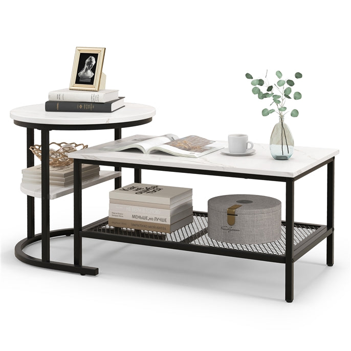Nesting Coffee Table Set of 2, Faux Marble Cocktail Center and Round End Table with Storage Shelf & Adjustable Foot Pads