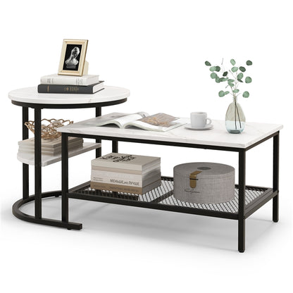 Nesting Coffee Table Set of 2, Faux Marble Cocktail Center and Round End Table with Storage Shelf & Adjustable Foot Pads