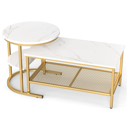 Nesting Coffee Table Set of 2, Faux Marble Cocktail Center and Round End Table with Storage Shelf & Adjustable Foot Pads