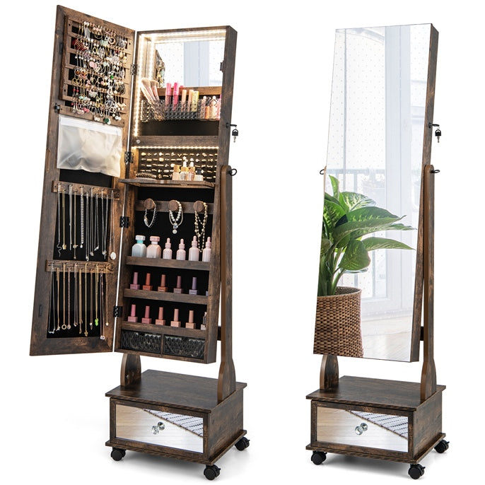 Standing Jewelry Armoire with Full-Length Mirror LED Lights and Drawers