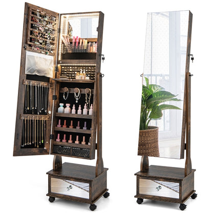 Standing Jewelry Armoire with Full-Length Mirror LED Lights and Drawers