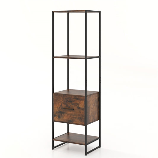 5-Tier Tall Narrow Bookcase Bookshelf with Drawer Shelves