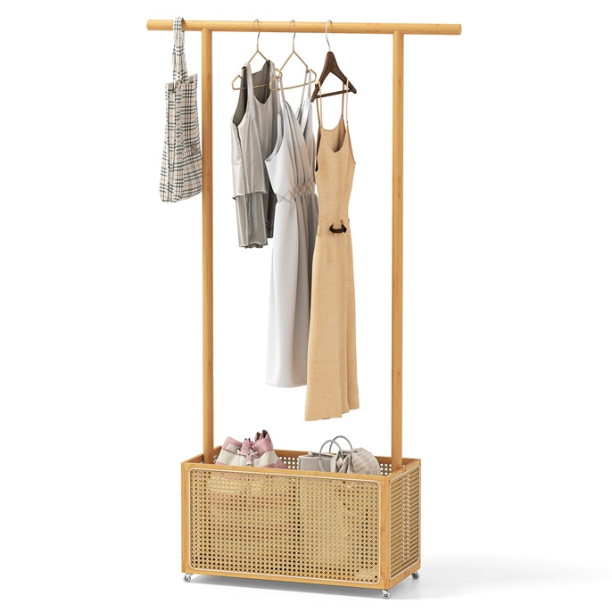 Bamboo Clothes Rack 2-In-1 Clothing Hanging Rail