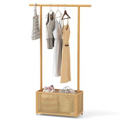 Bamboo Clothes Rack 2-In-1 Clothing Hanging Rail