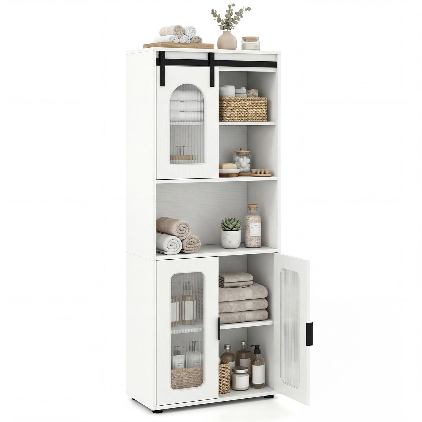Bathroom Floor Cabinet with Shelves and Sliding Barn Door