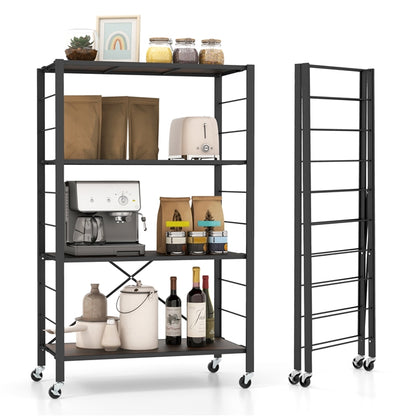 GiantexUK 3/4/5-Tier Storage Cart, Foldable Metal Frame Shelving Unit with Wheels, Adjustable Shelves & Anti-Tipping Device