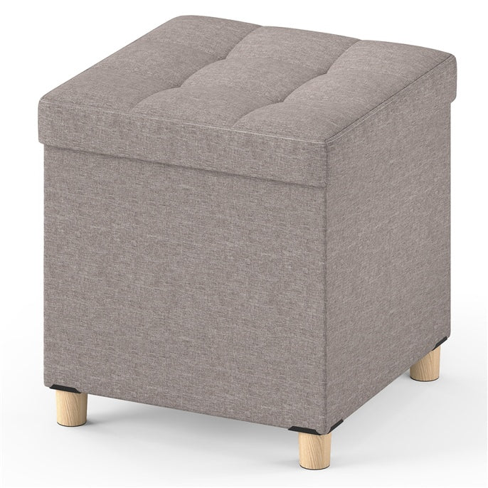 Ottoman with Storage Linen Fabric Footstool with Tray and Rubber Wood Legs