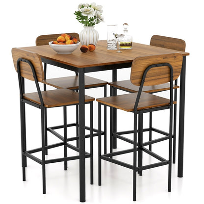GiantexUK 5PCS Dining Table and Chairs Set, Metal Frame Counter Height Dining Set with Backrest, Footrest & Anti-slip Foot Pads