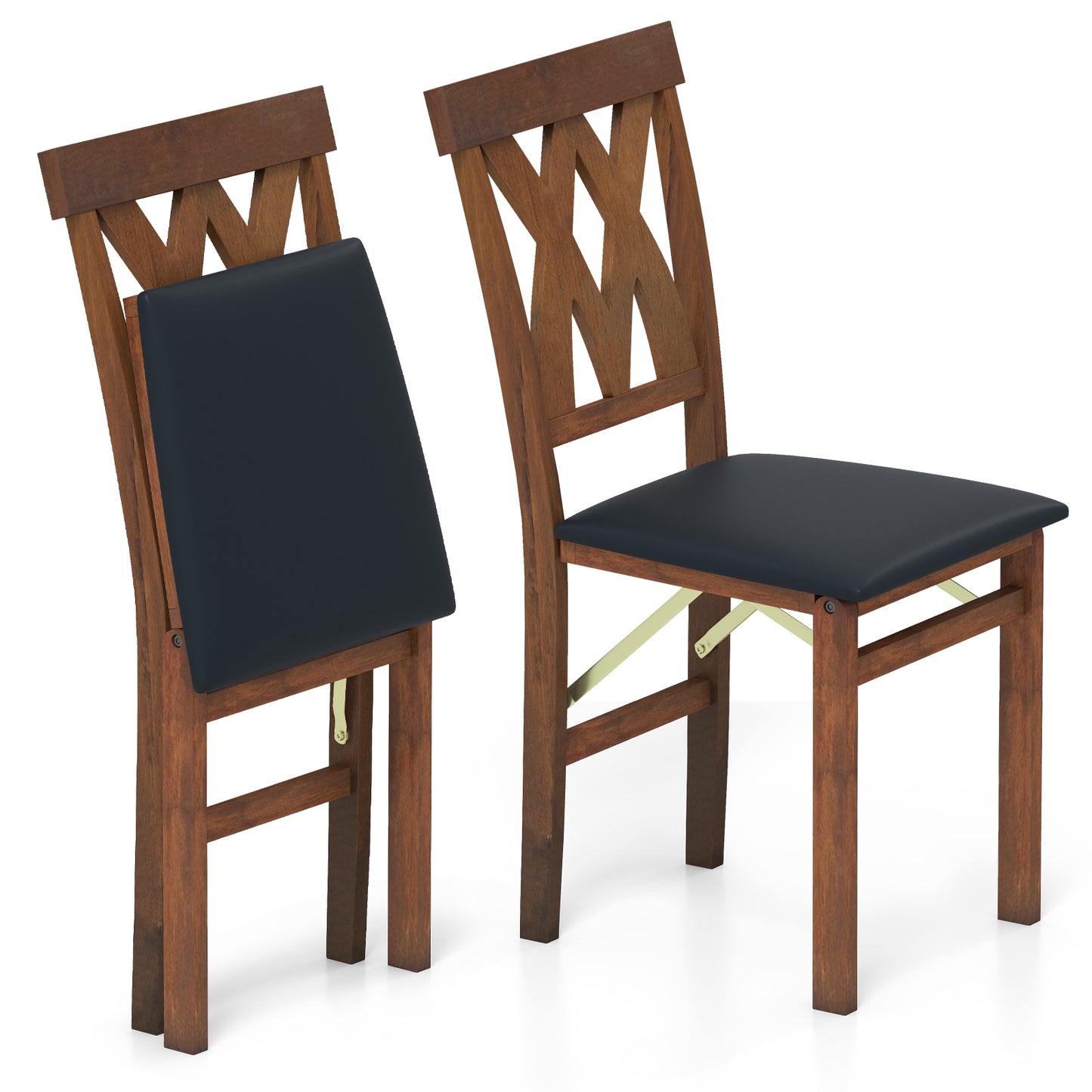 Folding Wooden Dining Chair Set of 2 Faux Leather Upholstered Chairs