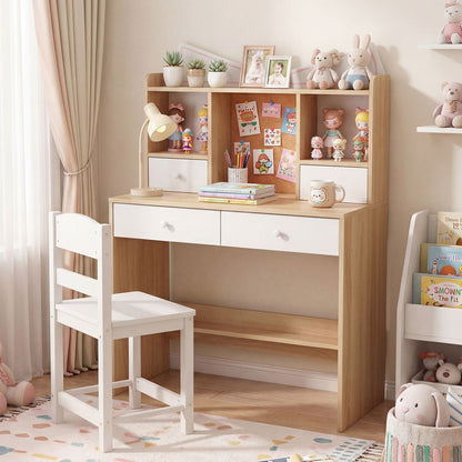 Kids Desk and Chair Set, Wooden Student Study Table with Drawers