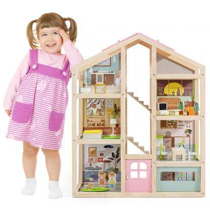 Kids Wooden Dollhouse with 7 Rooms and 18 Pcs Furniture Accessories