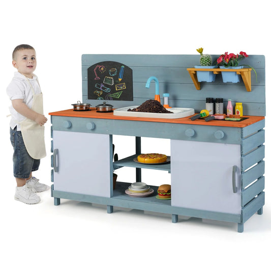 Kids Play Kitchen Set with Chalkboard and Faucet and Sink