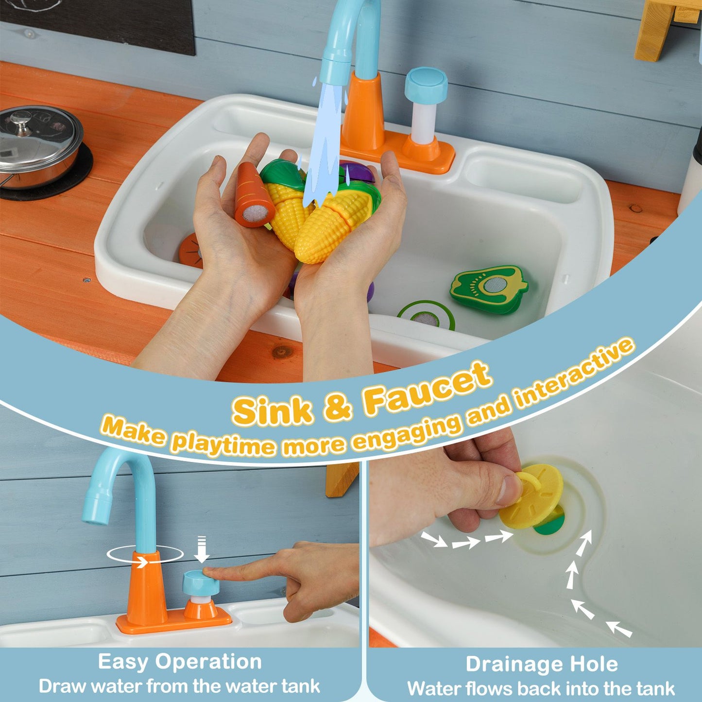 Kids Play Kitchen Set with Chalkboard and Faucet and Sink