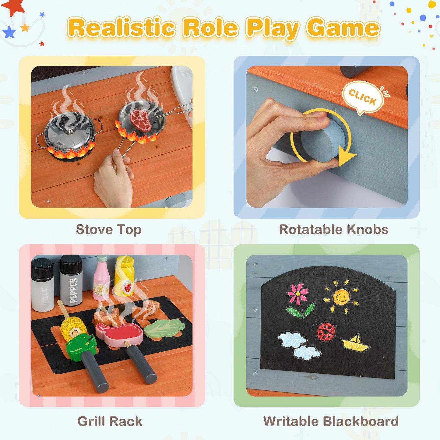 Kids Play Kitchen Set with Chalkboard and Faucet and Sink