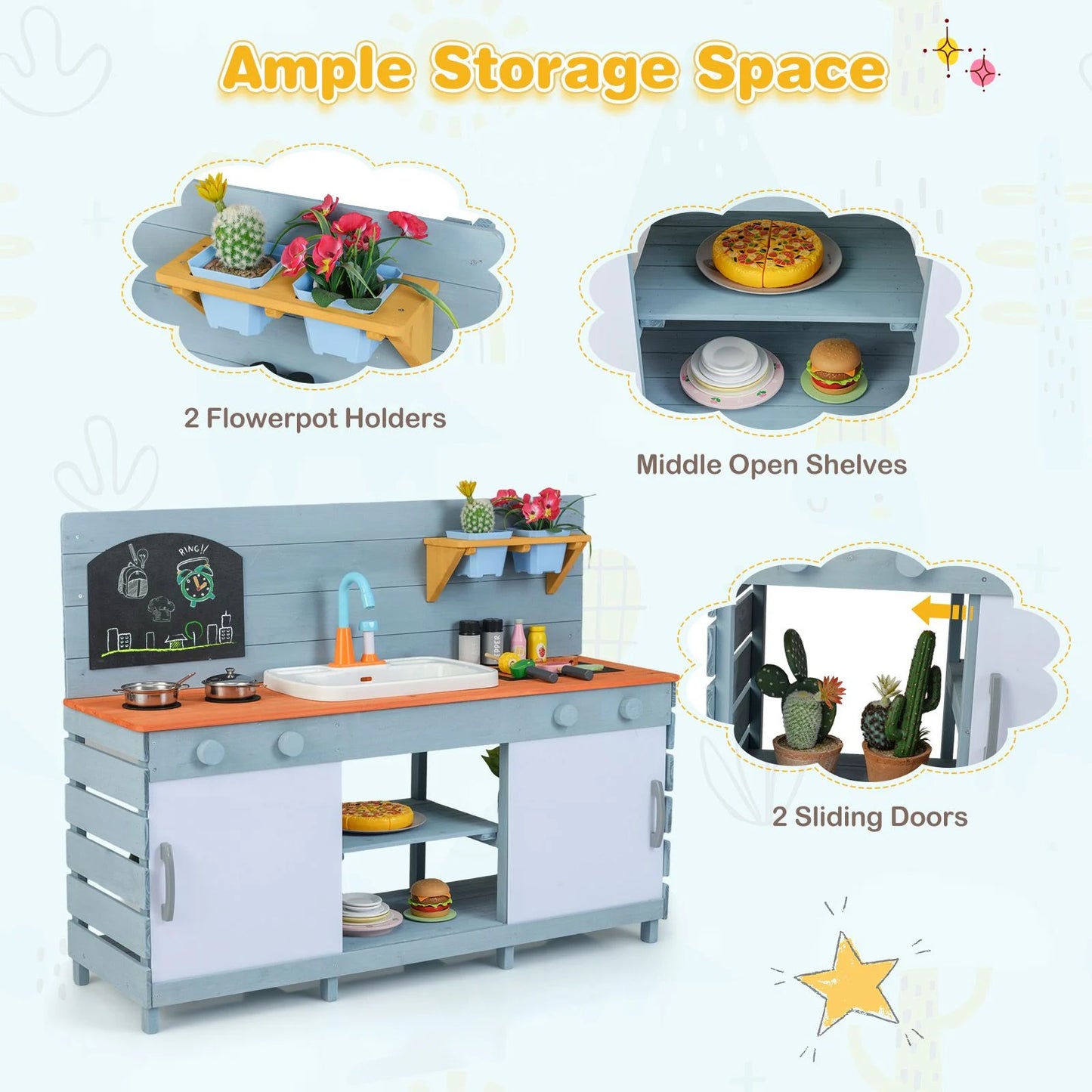Kids Play Kitchen Set with Chalkboard and Faucet and Sink