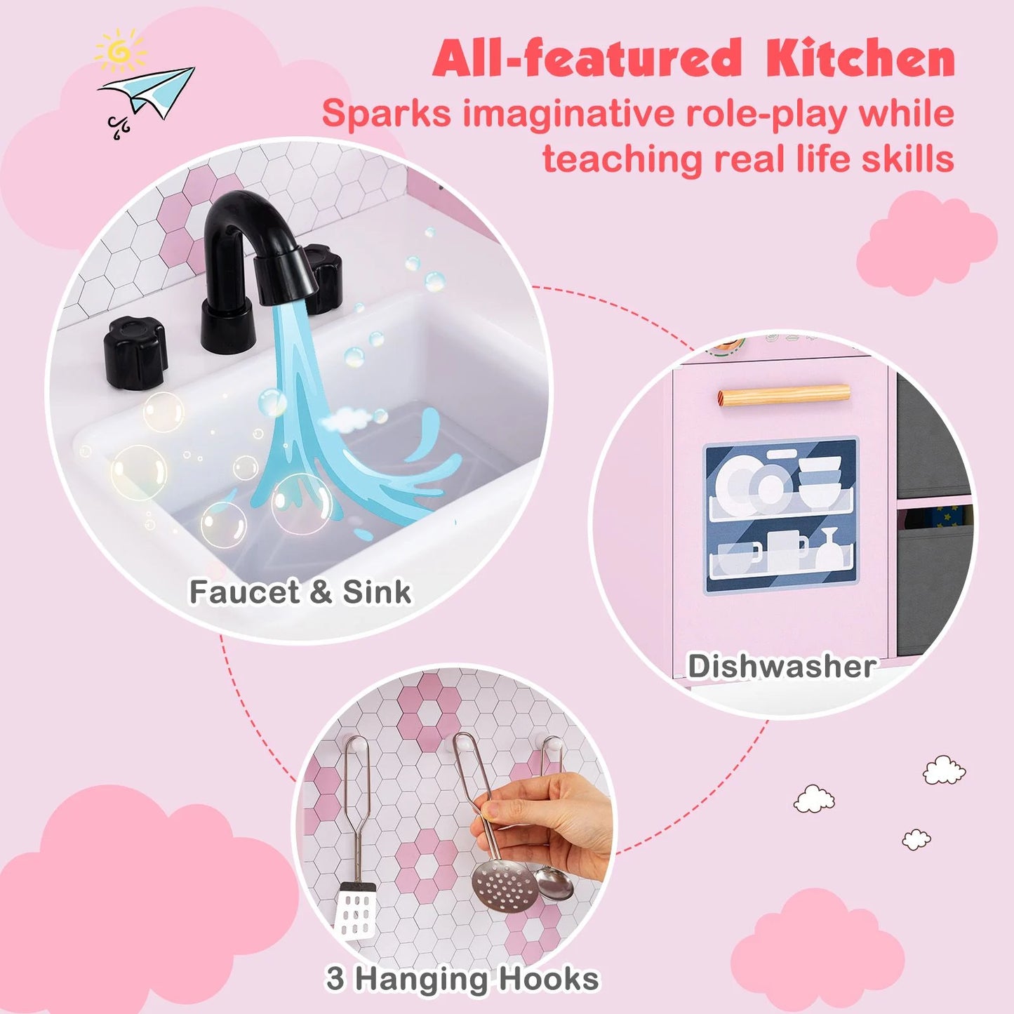 Kids Play Kitchen with 2 Stoves and Drawers and Dishwasher