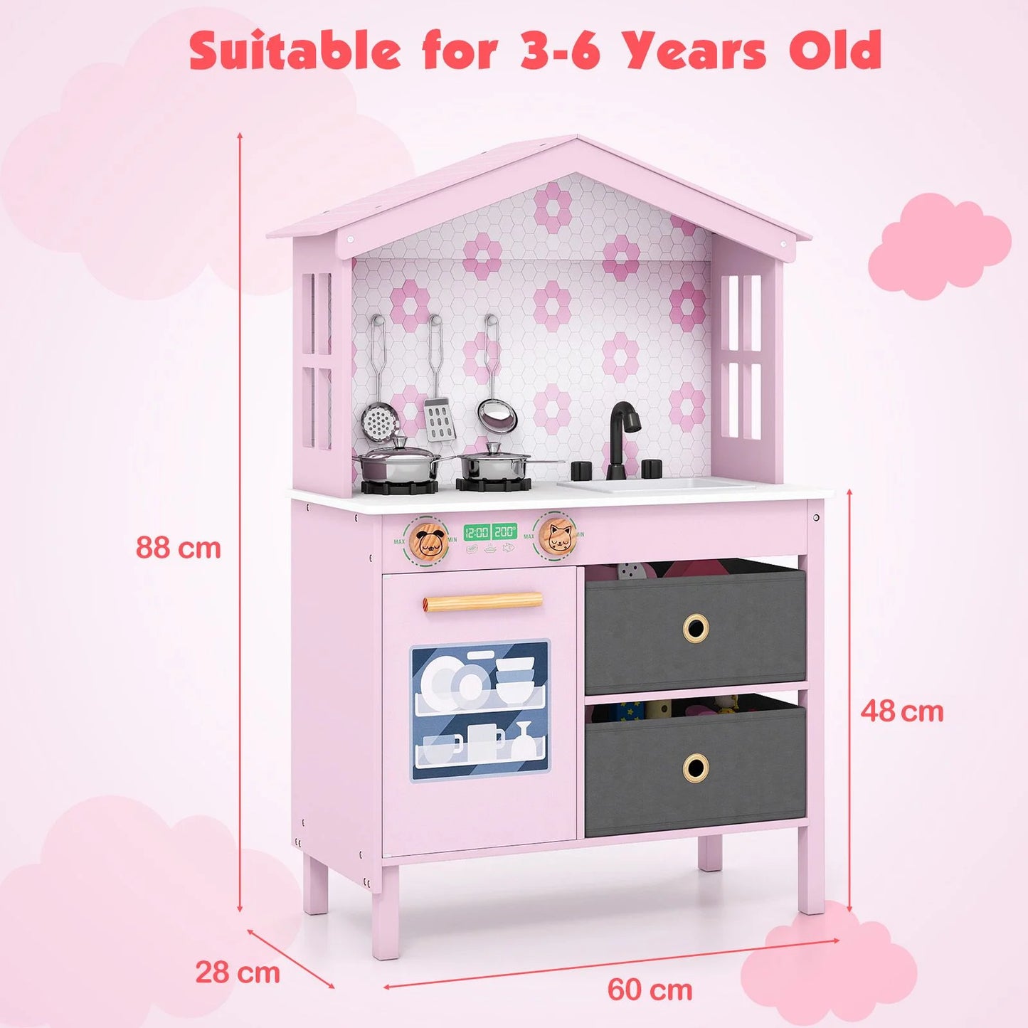 Kids Play Kitchen with 2 Stoves and Drawers and Dishwasher