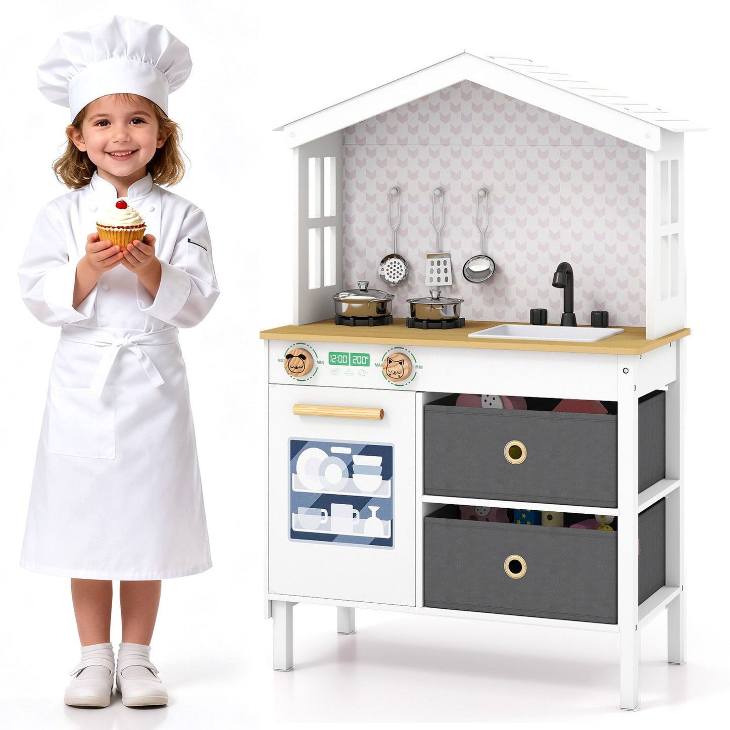 Kids Play Kitchen with 2 Stoves and Drawers and Dishwasher