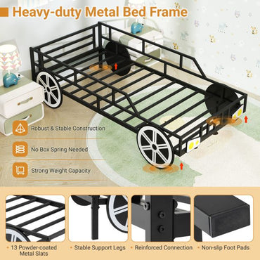 Kids Single Size Metal Car-Shaped Platform Bed Frame with Wheels
