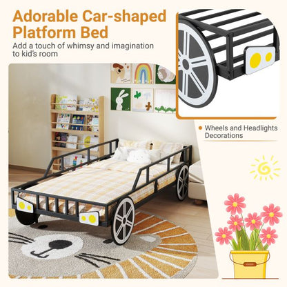 Kids Single Size Metal Car-Shaped Platform Bed Frame with Wheels