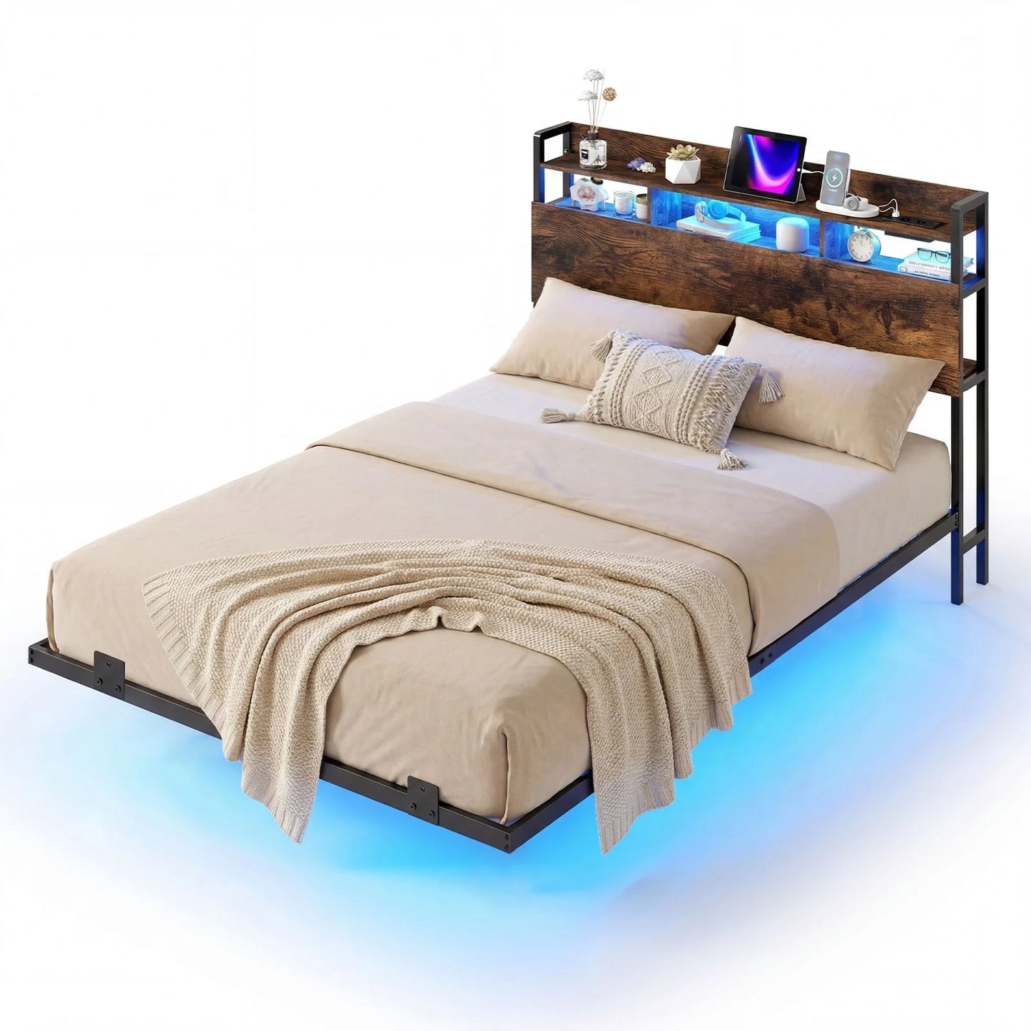 King Size Bed Frame with LED Lights and Charging Station