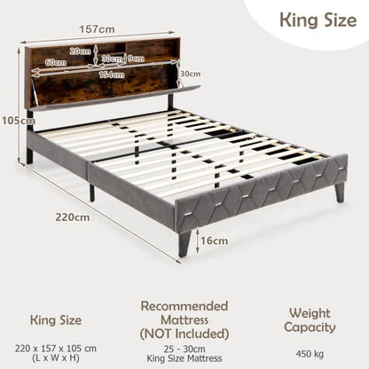 King Bed Frame with Storage Headboard and Slat Support
