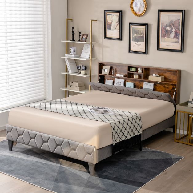King Bed Frame with Storage Headboard and Slat Support